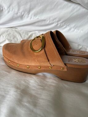 Vince Camuto Tan Suede Clog Mules with Gold Buckle